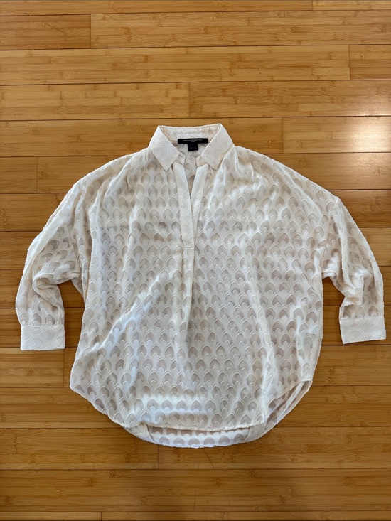 French Connection Tops - French Connection White Sheer Scallop-Pattern Button-Up Blouse